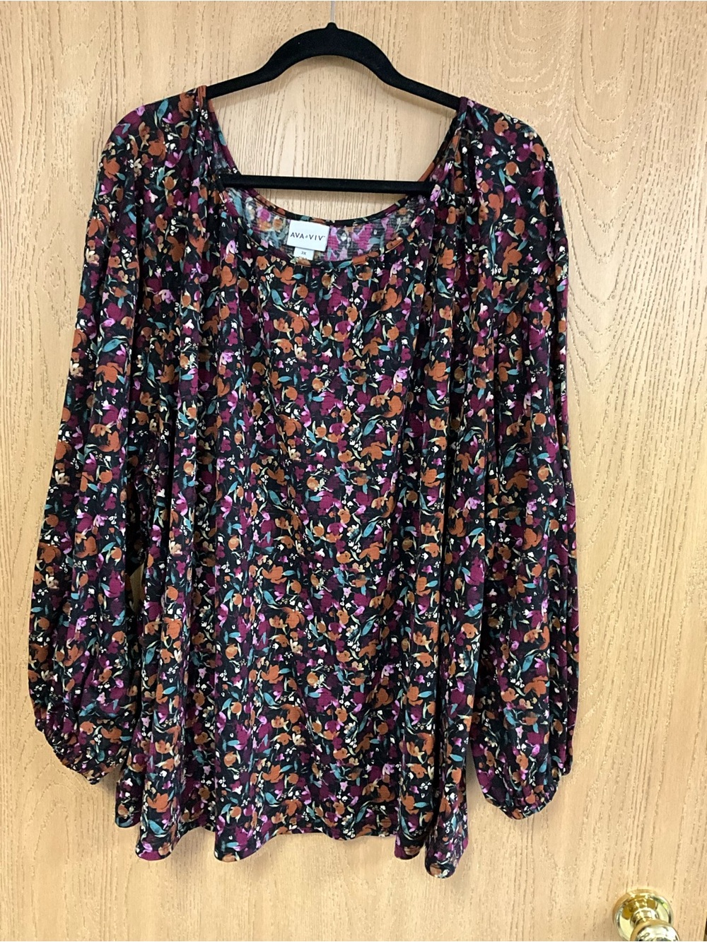 Ava & Viv Black Floral Peasant Blouse with Pink and Brown Accents